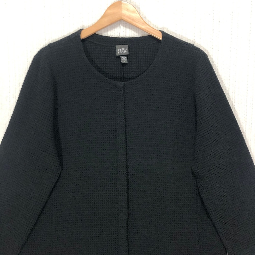 Eileen Fisher Black Waffle Knit Cardigan Jacket XL Viscose Nylon Cotton Blend